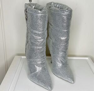Azalea Wang Gretchen Glitter Rhinestone Heeled Boots Silver New Size 7.5